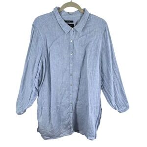 TAHARI Womens Linen Button Down Shirt Blue Roll Tab Sleeve Side Slit Size 1X